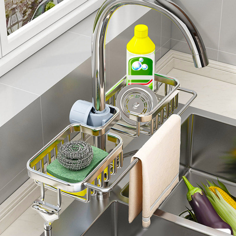 Kitchen Sink Faucet Caddy With Towel Bar Aluminum 37.5x16x6.8cm Silver
