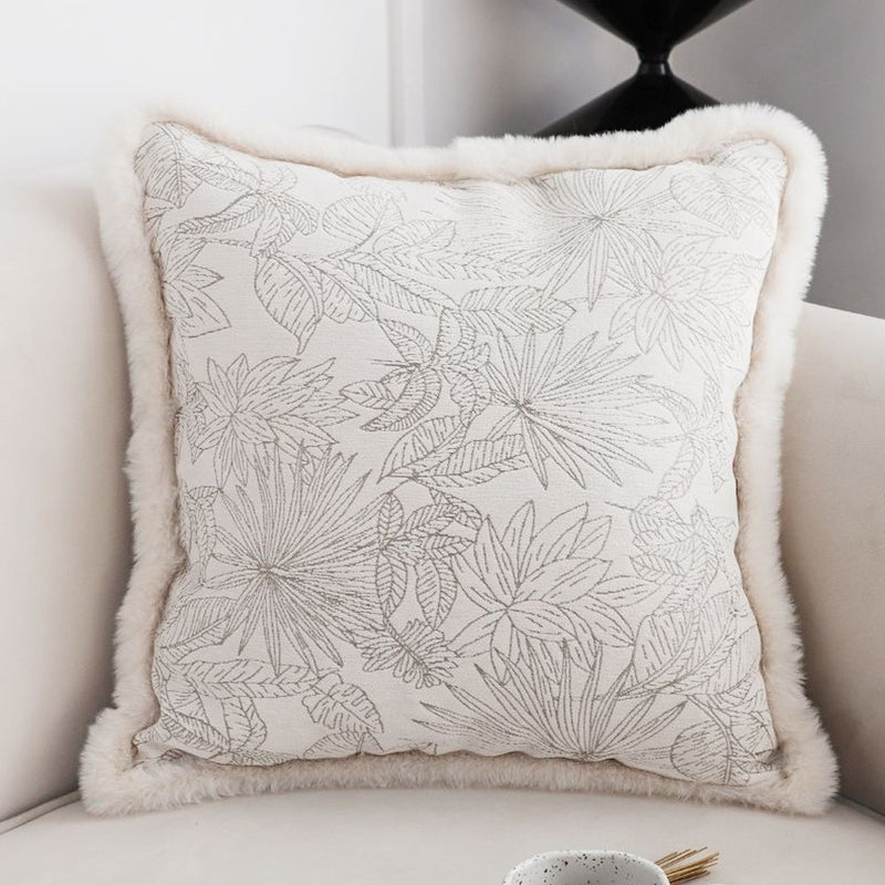 Velvet Throw Pillow Cover 45x45cm 15cm Thick Jacquard Peony Floral Off White