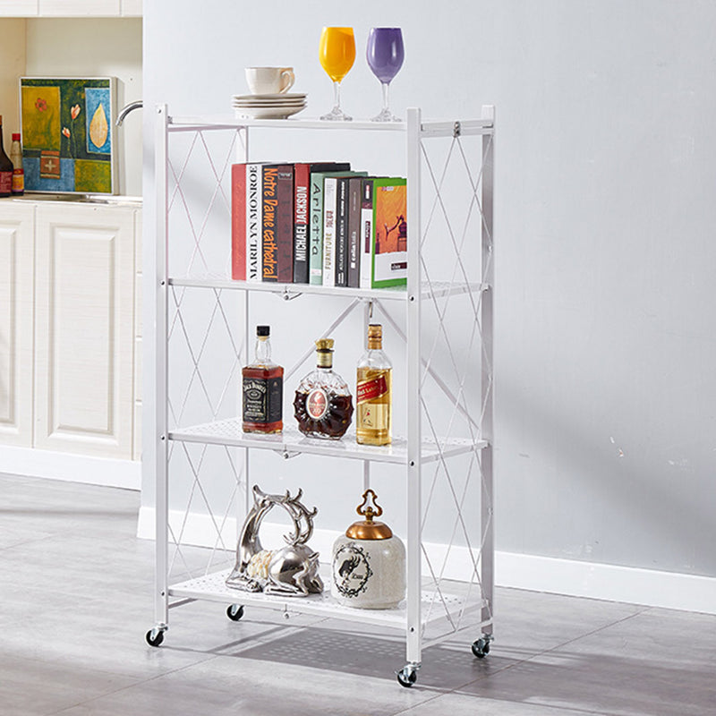 4 Tier Foldable Carbon Steel Kitchen Cart White Portable Storage Shelves Wheels
