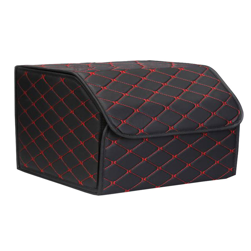 Car Boot Organizer Leather Nonwoven 40x30x30cm Foldable Black Red Stitch