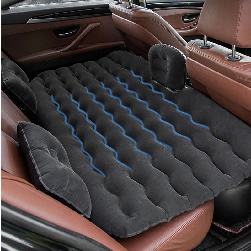 Inflatable Car Mattress Flocked PVC 132x75x10cm Wave Design Black 2X Pillows