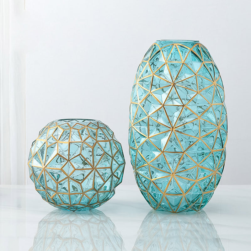 Green Glass Diamond Cut Flower Vase Large And Medium Set Gold Accent