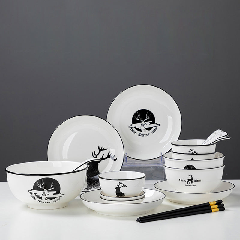 White Antler Printed Ceramic Dinnerware 4.5in Bowls 8in Plates Set of 13