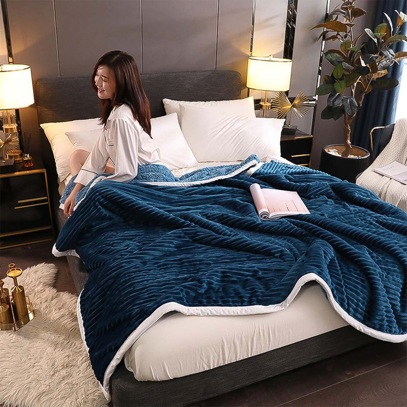 2X Thick Flannel Polyester Throw Blanket 200x230cm Double Sided Dark Blue
