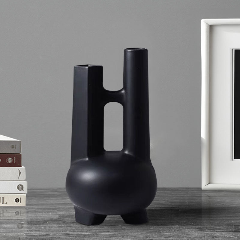 2X Ceramic Geometric Double Tube Vase 20.5x36.5Cm Matte White