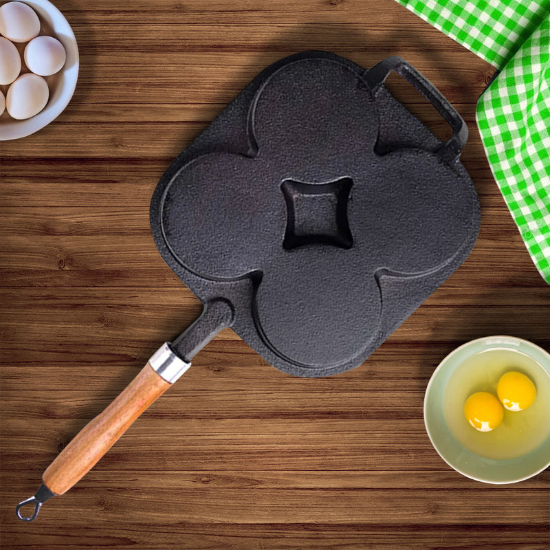 4 Mold Cast Iron Egg Pancake Omelette Pan Wood Handle Non Stick Induction Safe