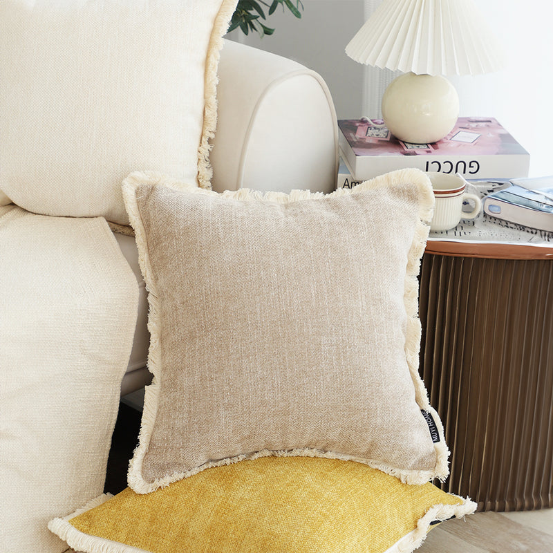 2X 45Cm Square Chenille Polyester Throw Pillow With Tassels Latte