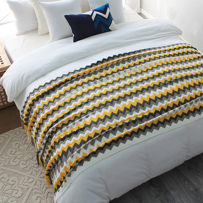 2X Throw Blanket Acrylic 130cmx220cm Knitted Zigzag Striped Fringed Yellow