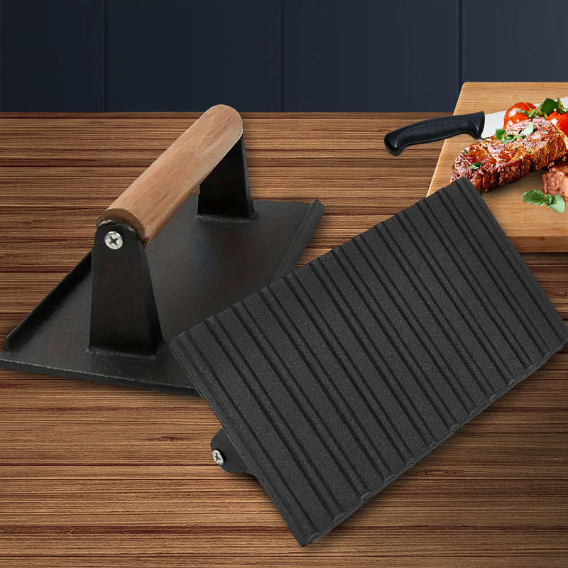 Cast Iron Meat Bacon Steak Press Grill BBQ Wood Handle Non-Stick 20cm 0.9kg