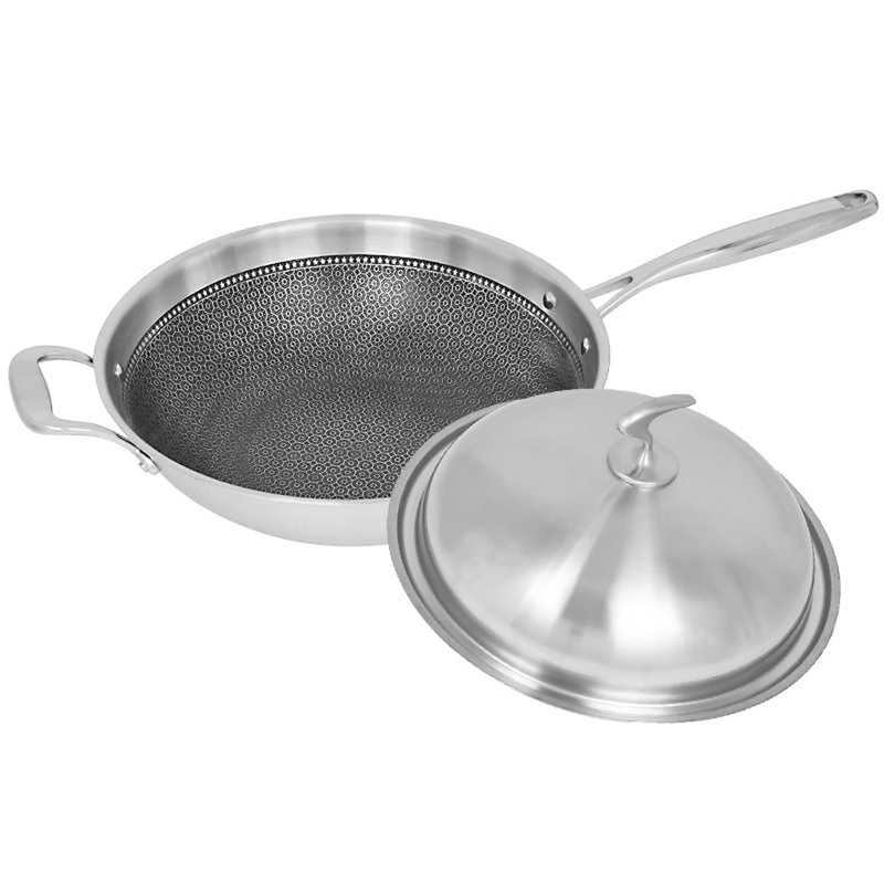 34cm Stainless Steel Non Stick Fry Pan Textured Interior Helper Handle Lid