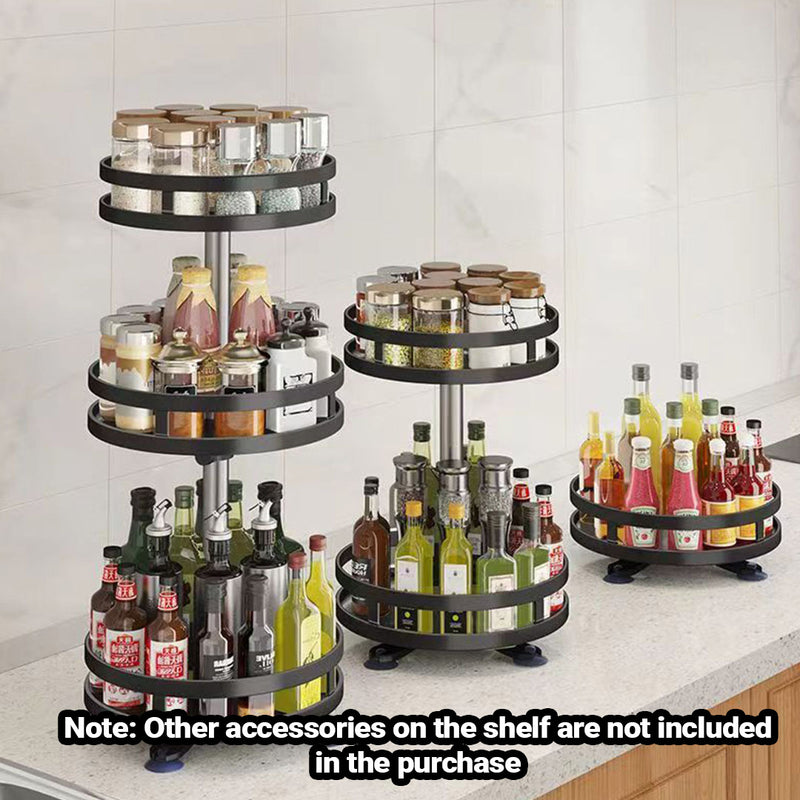 2 Tier Black Round Rotating Kitchen Spice Rack Carbon Steel Organizer Shelf