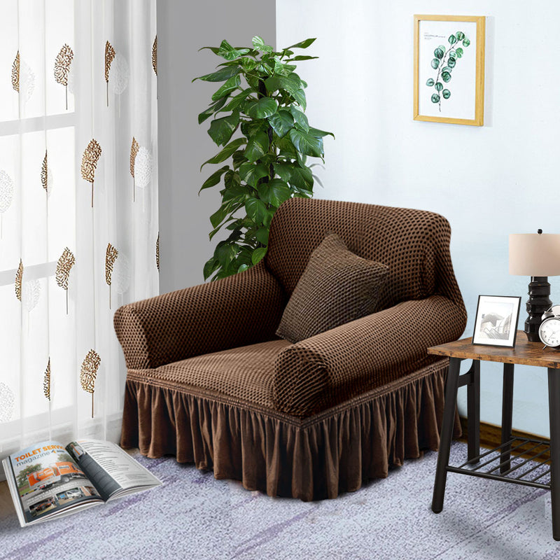 1 Seater Sofa Cover Polyester Stretch Ruffled Skirt Fits 90 To 140 Cm Coffee