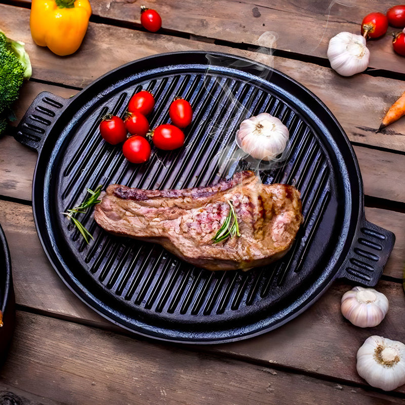 2X 43cm Round Ribbed Cast Iron Frying Pan Skillet Sizzle Platter With Handle