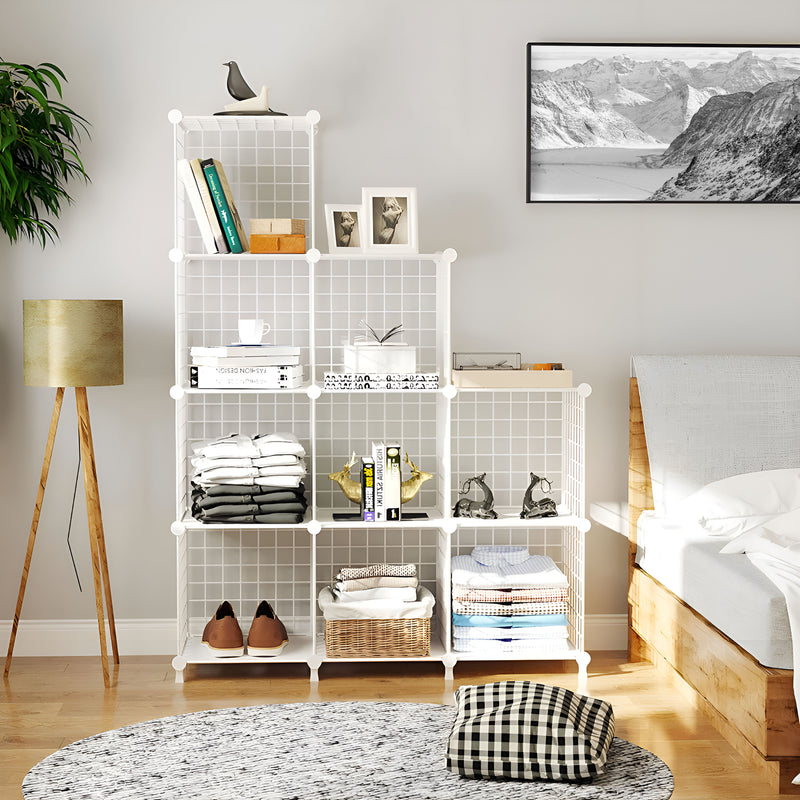 White 9 Cube 3 Column Iron Wire Mesh Storage Organiser 110.5x37x149cm Foldable
