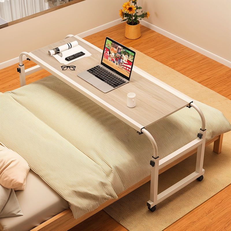 White Bed Desk Adjustable Height Length Movable with Wheels Plate 120x45cm