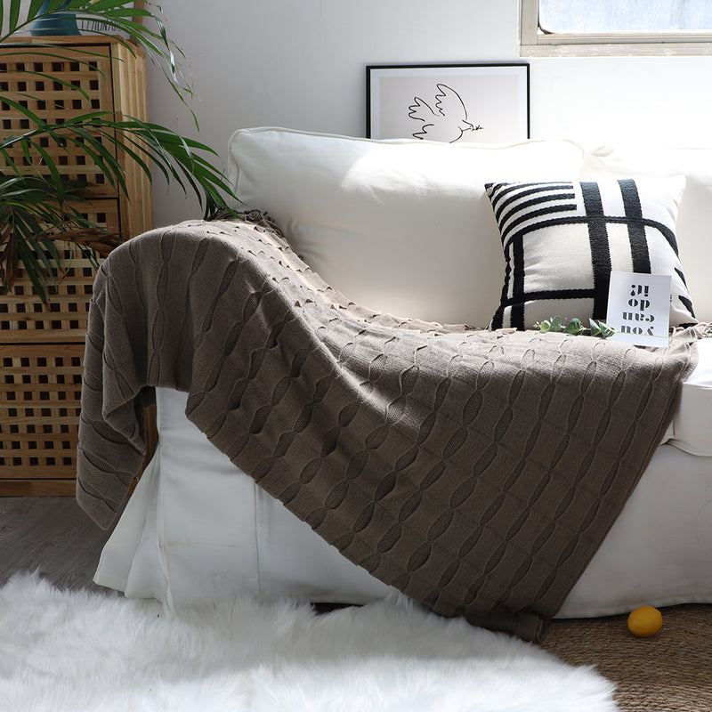 Textured Knitted Throw Blanket 100% Acrylic 130x170cm Coffee Tassels