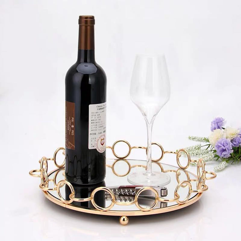33cm Bronze Round Vanity Tray Glass Mirror Metal Wireframe Handles