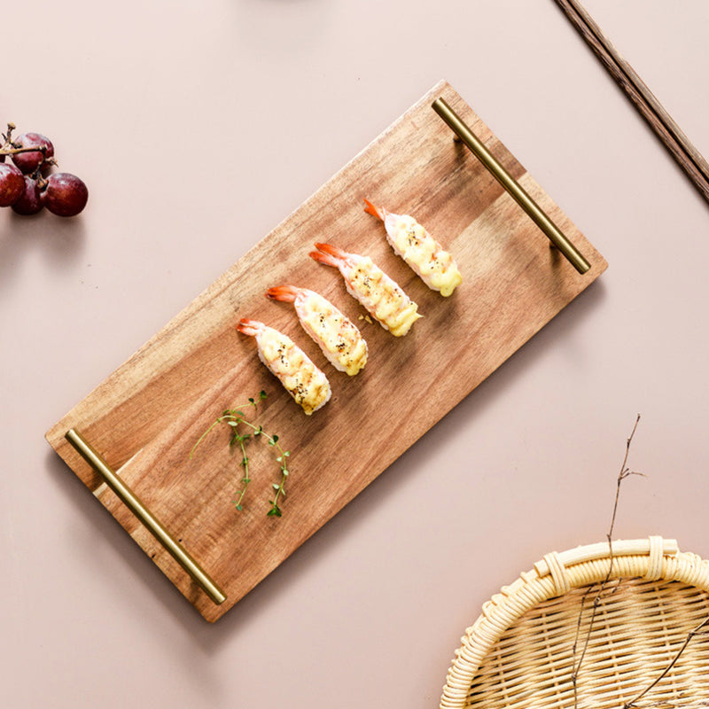 39cm Brown Rectangle Acacia Wood Serving Tray Iron Handles Charcuterie Board