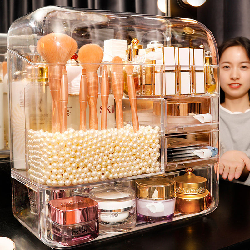 Transparent Plastic Makeup Skincare Organizer Box with Lid and Drawers