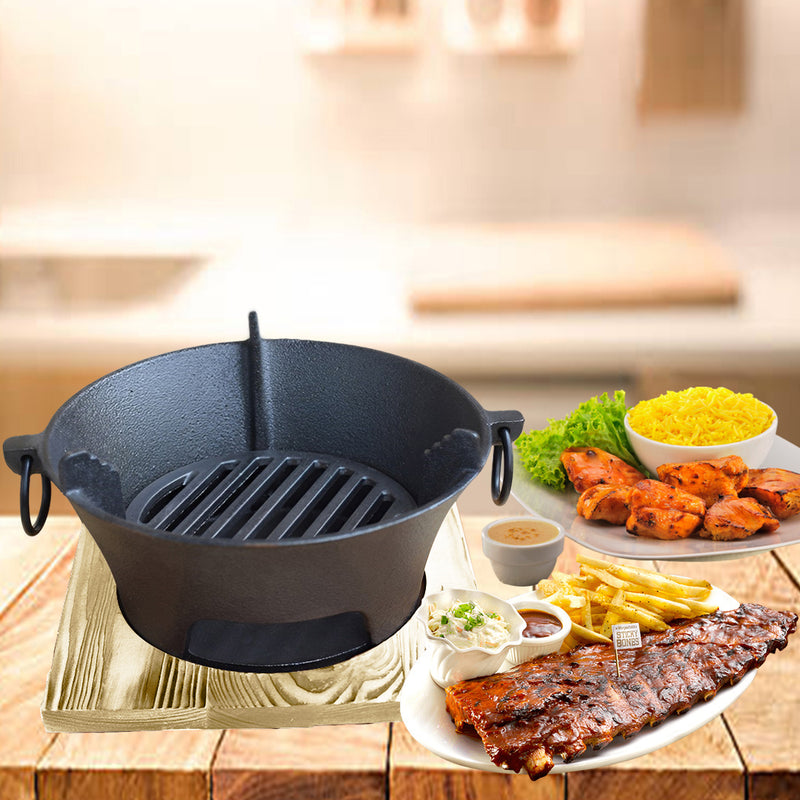 2X Cast Iron Round Charcoal Grill 27cm Stainless Steel Net Wooden Board Black