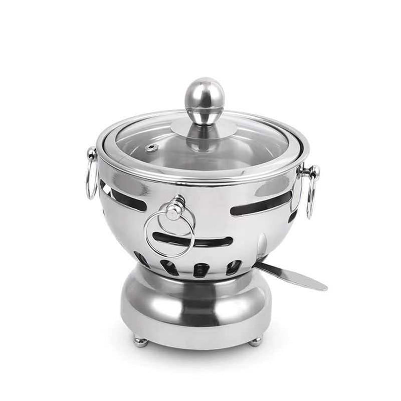 Stainless Steel Mini Asian Hot Pot Single Shabu Alcohol Stove Glass Lid 18.5cm