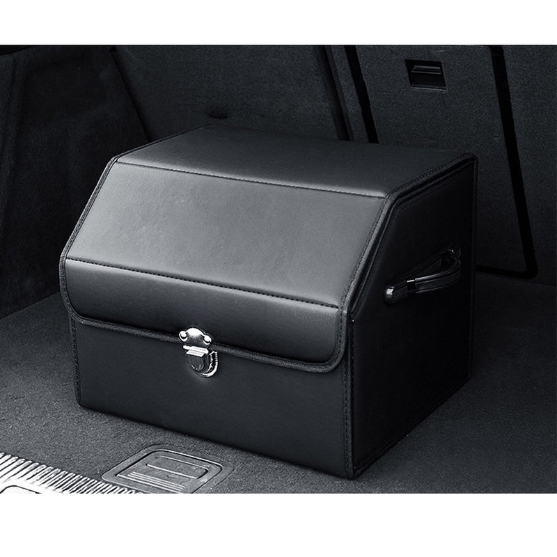 Leather Car Boot Organizer Box Foldable Portable Storage With Lock Black Small