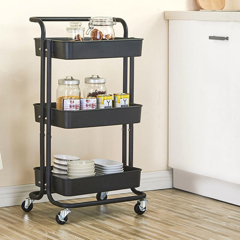 2X 3 Tier Steel Kitchen Cart Pvc Trays 42cm X 29cm X 87cm Black Locking Wheels