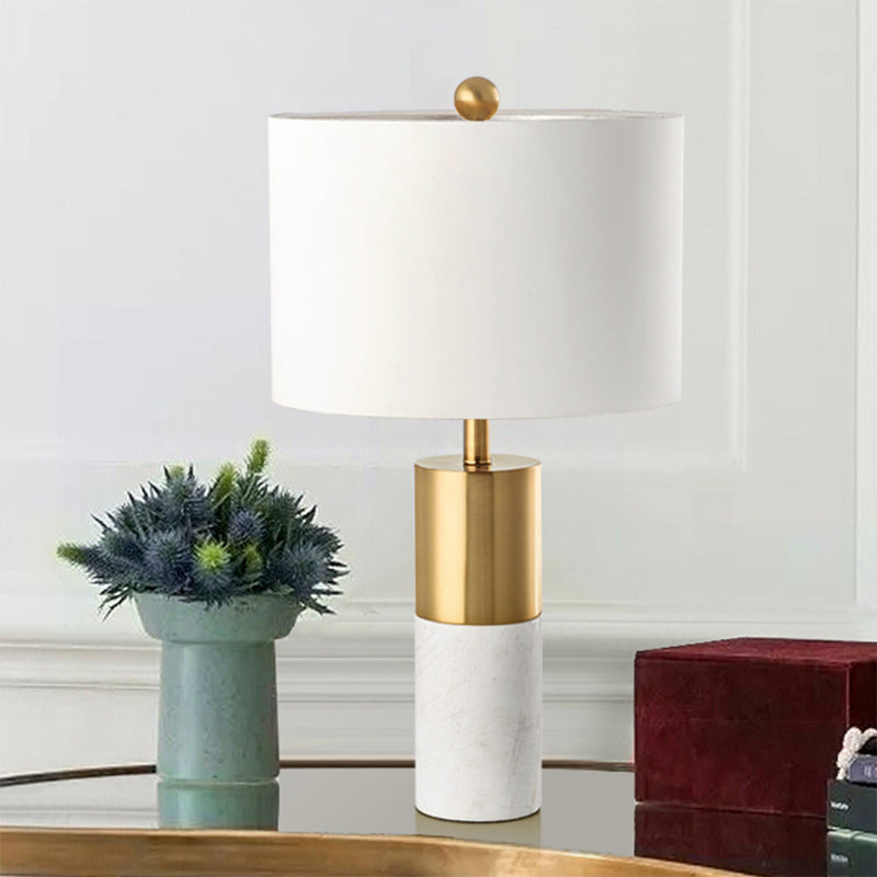 60cm White Marble Bedside Table Lamp Metal Fabric Drum Shade Plated Gold Base