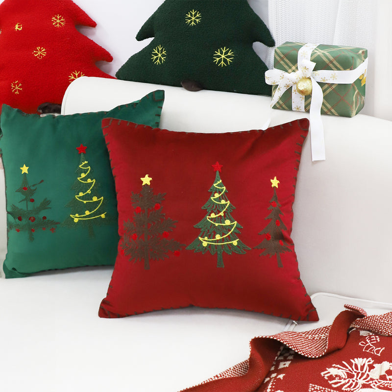 2X Burgundy Red Plush Square Throw Pillow 45cm Embroidered Christmas Trees