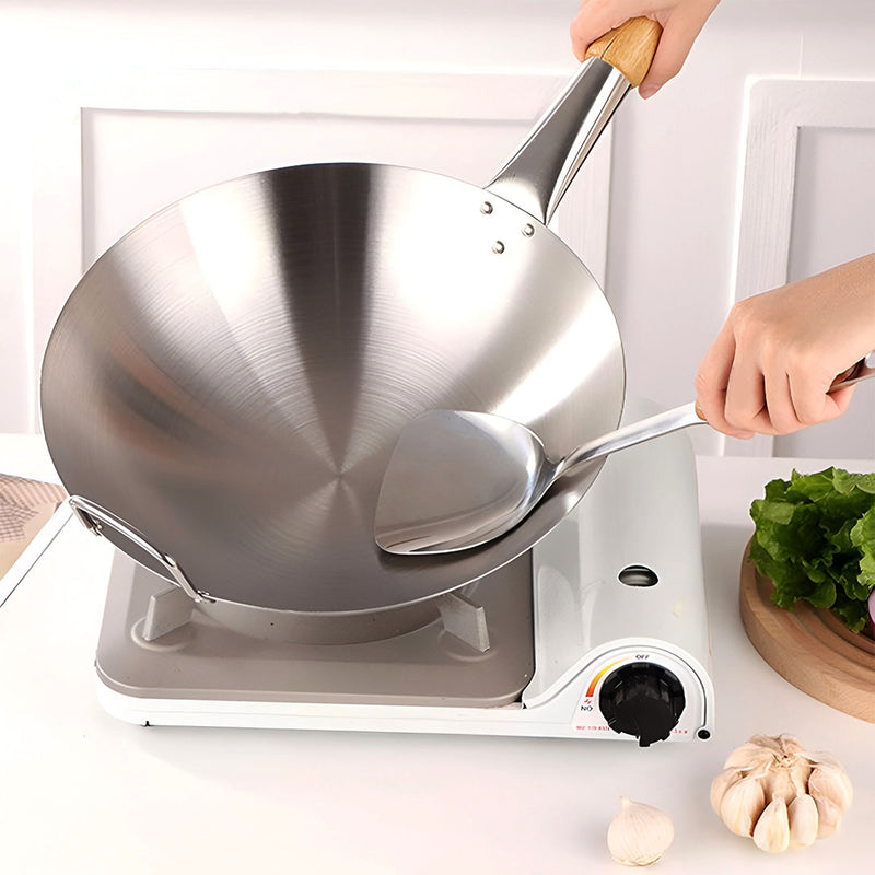 Stainless Steel Cooking Wok 43cm with Wood Handle Home Commercial Use