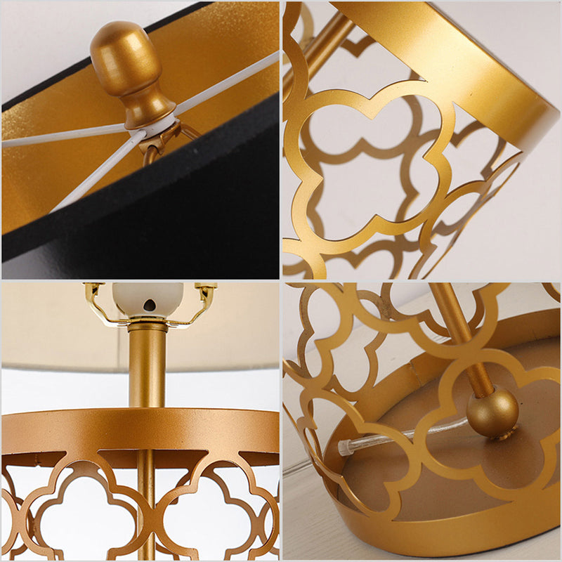 2X Golden Hollowed Out Metal Table Lamp Large 38x72cm Fabric Drum Shade Dark