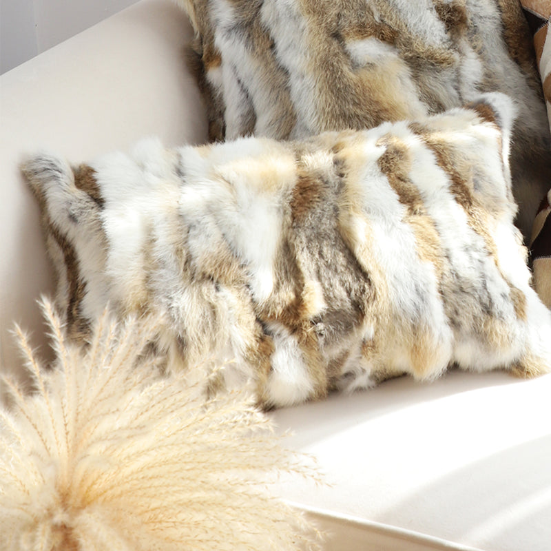 2X 30cm Coffee Rabbit Fur Lumbar Pillow Warm Cozy Decorative Cushion Home Decor