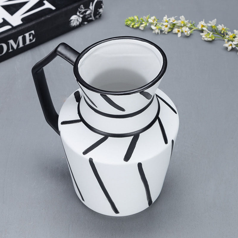 Modern Ceramic Pitcher Vase 23.5x19.5cm Black White Striped Geometric Handle