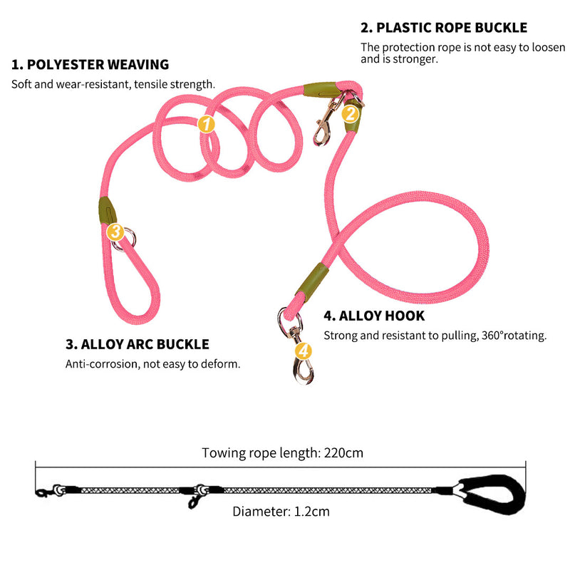 220cm Polyester Double Ended Hands Free Rope Leash For Dog Cat Pink Training