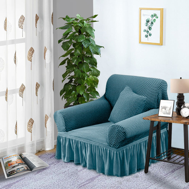 1 Seater Blue Sofa Cover Polyester Stretch Ruffled Skirt 90 To 140cm