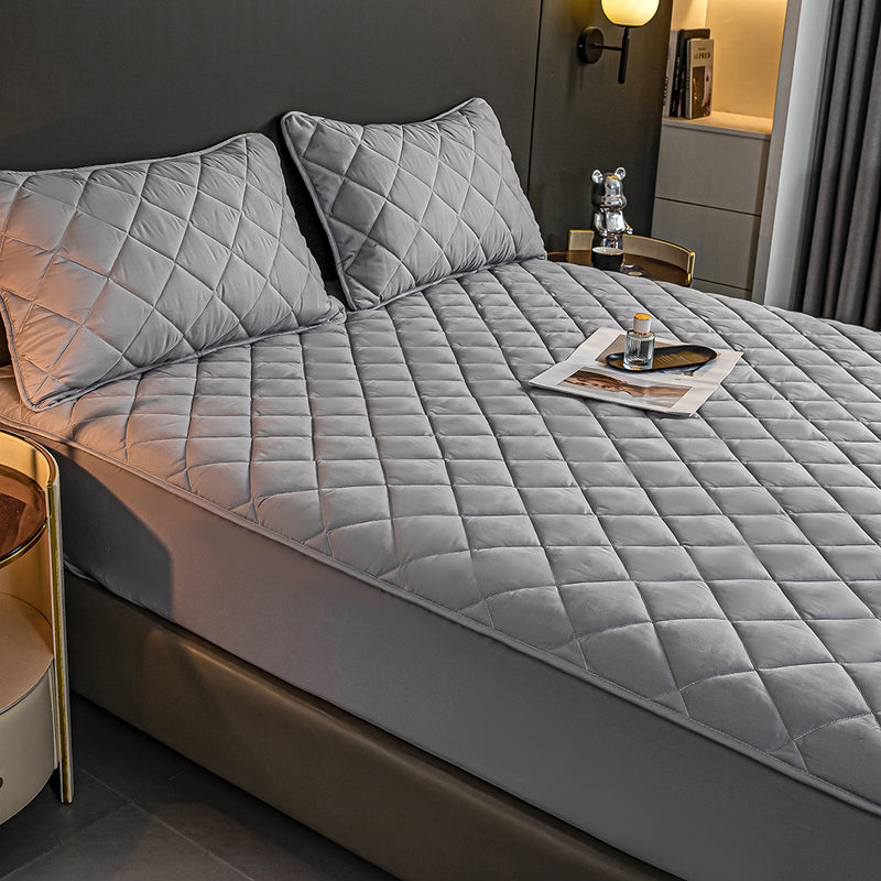 Grey Polyester Quilted Mattress Cover 203cm With 2 Pillow Covers Dust Protection