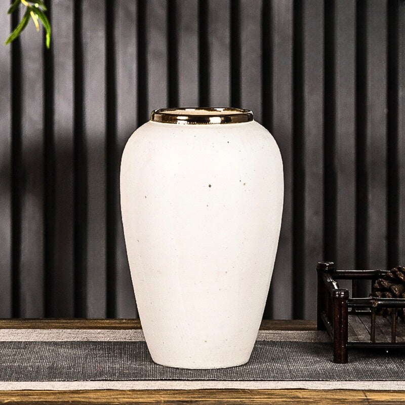 Medium White Ceramic Flower Vase Gold Accent Home Decor Elegant Display Piece