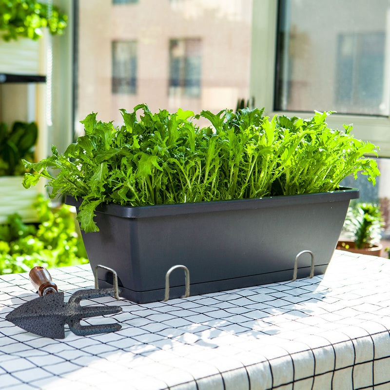 Rectangular Black Plastic Planter Set of 3 with Holder for Garden Balcony