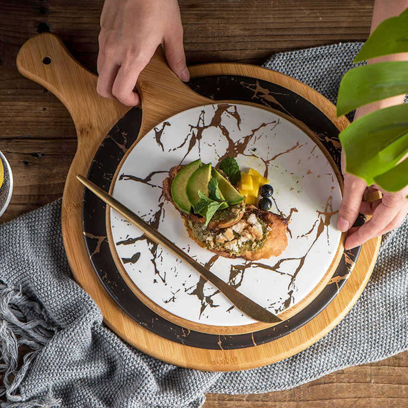 2X 30cm White Circle Wood Serving Trays Removable Slate Center