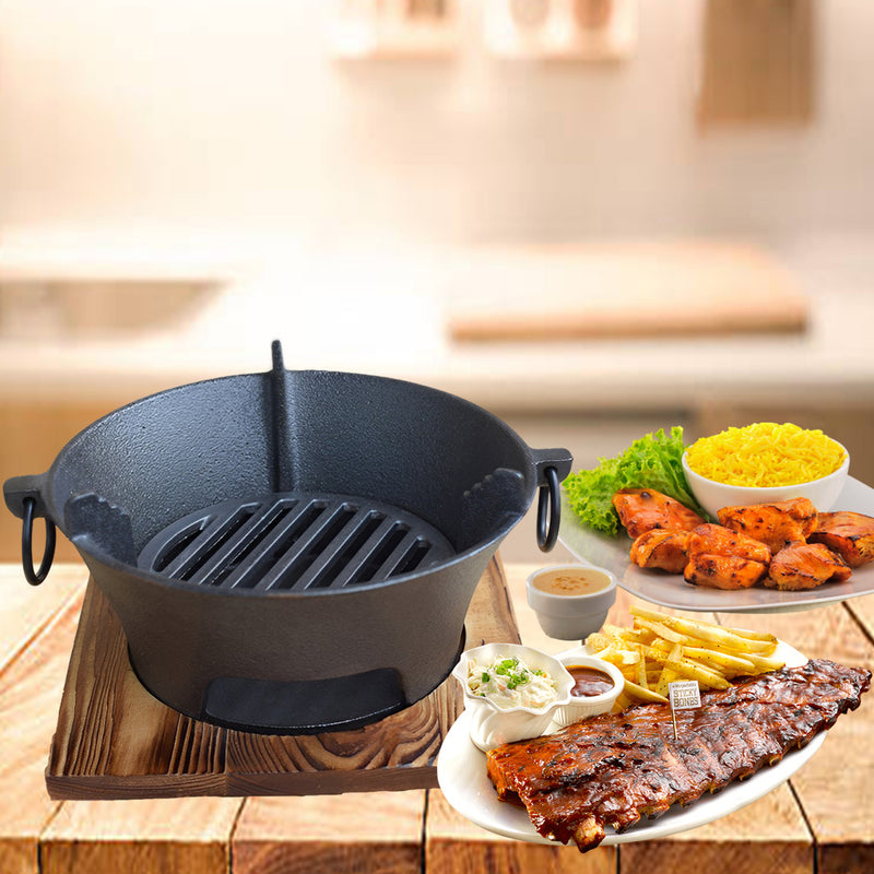 Small Cast Iron Tabletop Charcoal Grill 21cm Steel Net Black Wood Base