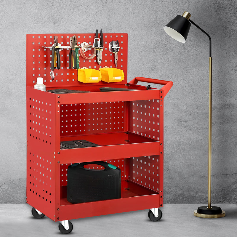 2X 3 Tier Tool Cart Steel 40kg Per Tier Red Ventilated Side Panels Wheels
