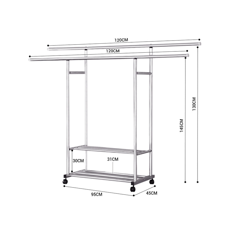 2X 200cm Extendable Stainless Steel Floor Clothes Rack Double Rod Wheels