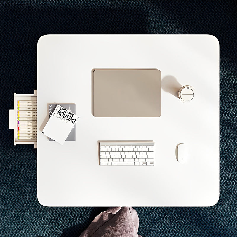 White Portable Floor Table Square Particleboard Coffee Desk With Mini Drawer