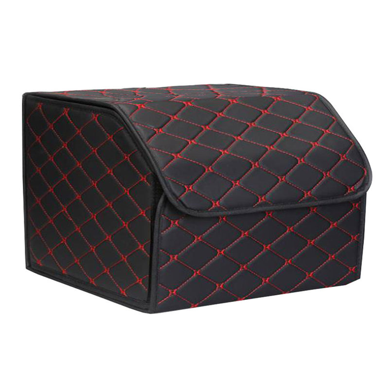 2X Leather Car Boot Organizer 40x30x30cm Collapsible Divider Black Red Stitch