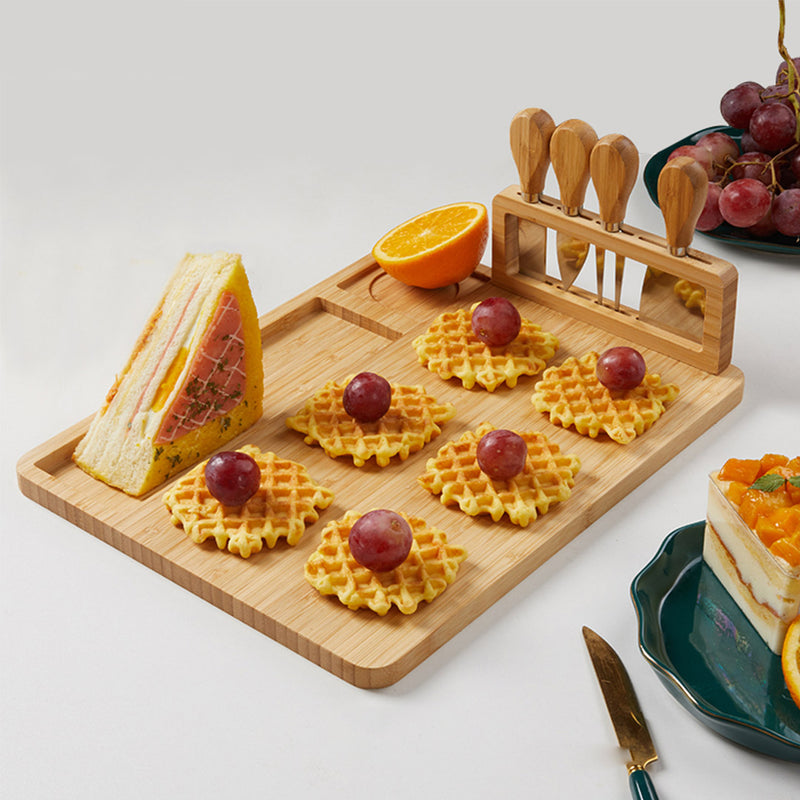 36cm Brown Bamboo Wood Cheese Board Charcuterie Serving Tray With Knife Set