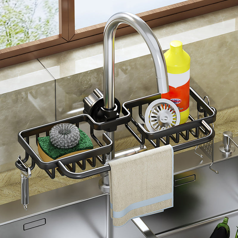 Black Aluminum Faucet Sink Caddy Rack 37.5x16x6.8cm Sponge Soap Holder