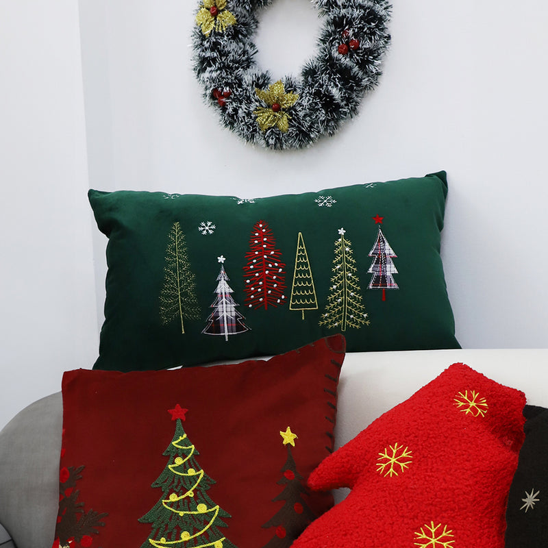 2X Green Embroidered Christmas Forest Throw Pillow 30cm Lumbar Holiday Decor