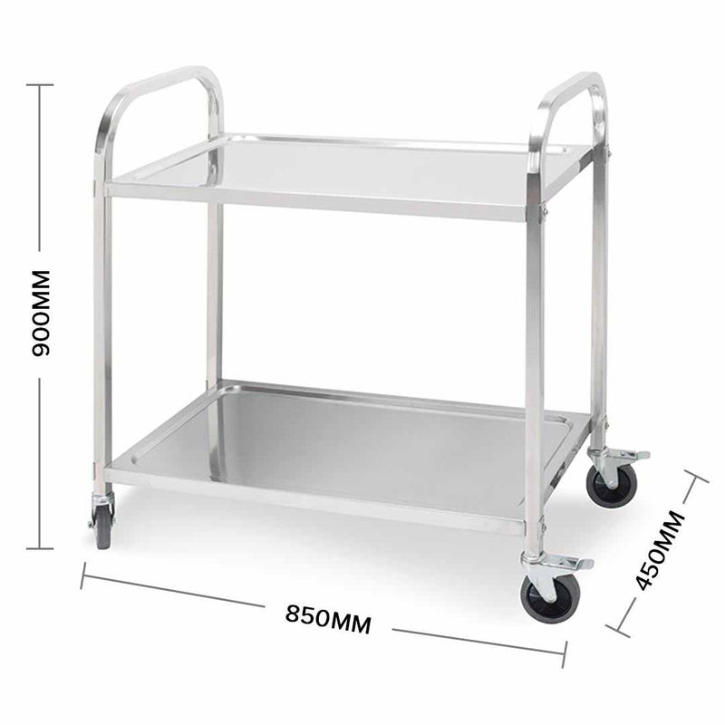 2 Tier Stainless Steel Kitchen Trolley 4 Wheels 85x45x90cm Utility Cart