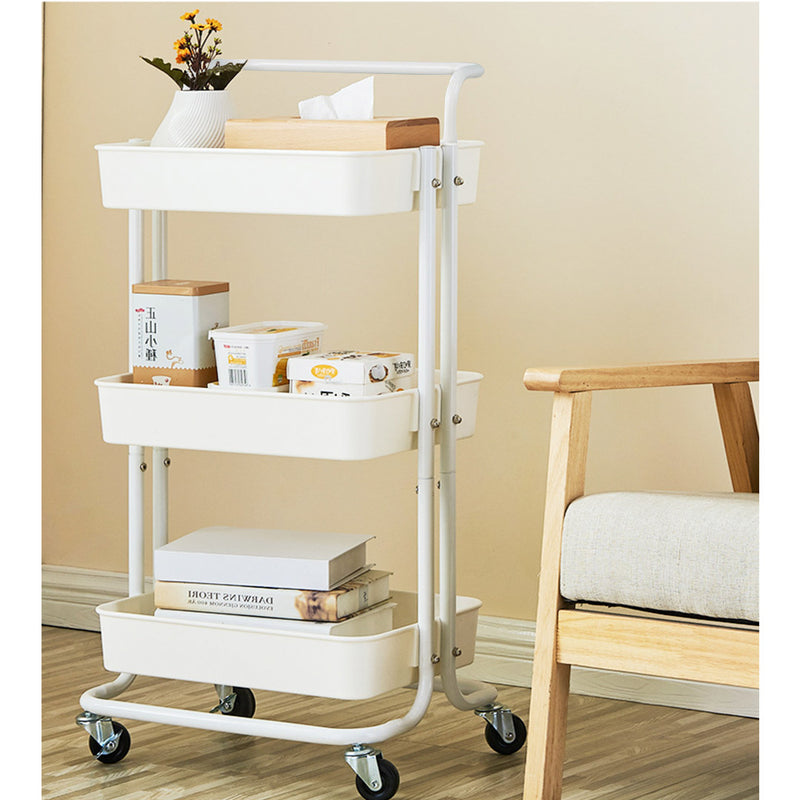 3 Tier White Steel Kitchen Cart With Wheels Multi-Functional Storage Shelves