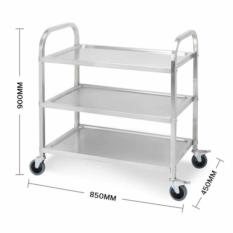 3 Tier Stainless Steel Kitchen Food Cart 85x45x90cm 18/10 With Locking Wheels